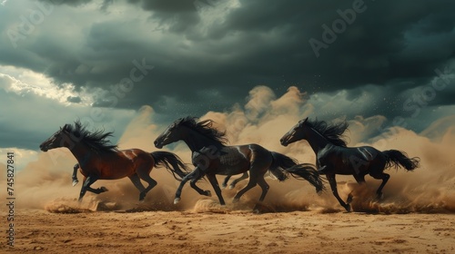 Galloping horses in a dramatic desert scene