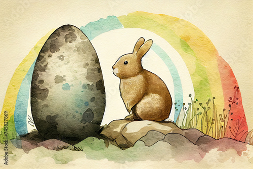 Easter bunny watercolor background. AI generated photo