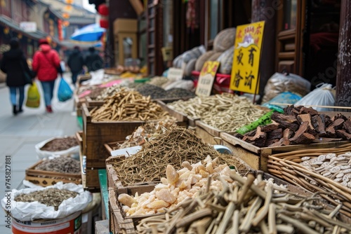 Assortment of dried plants used for traditional Chinese herbal medicine. Market in the street