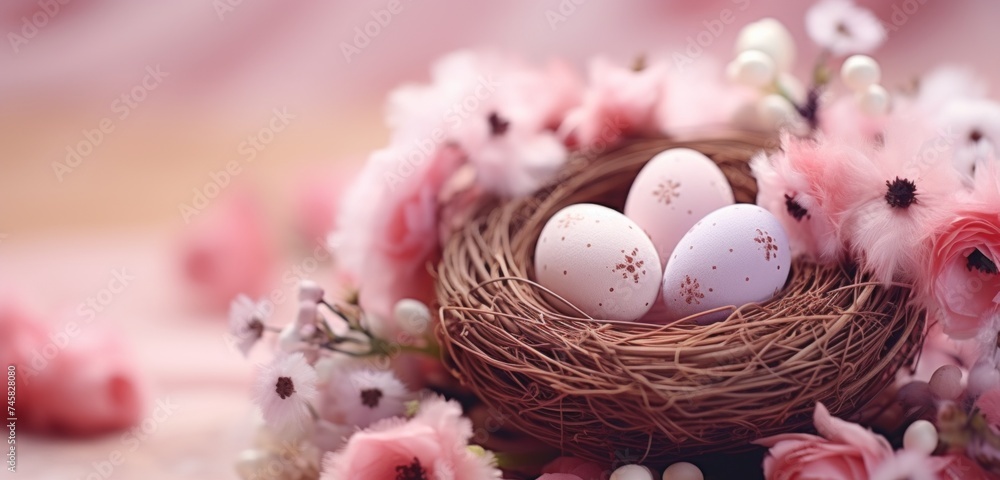 Easter Serenity: Pastel Eggs in Nest with Blossoms Easter Serenity: Pastel Eggs in Nest with Blossoms