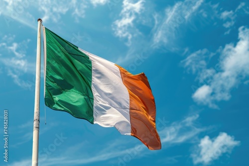 Ireland flag waving on blue sky background photo