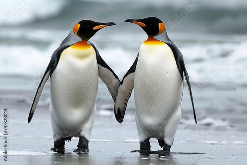 Two king penguins standing together on beach