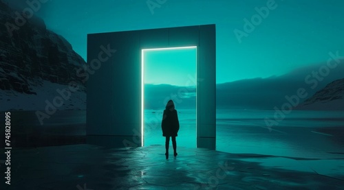 Silhouette of person before a glowing doorway - The silhouette of a lone person stands before an enigmatic glowing doorway in a serene icy landscape