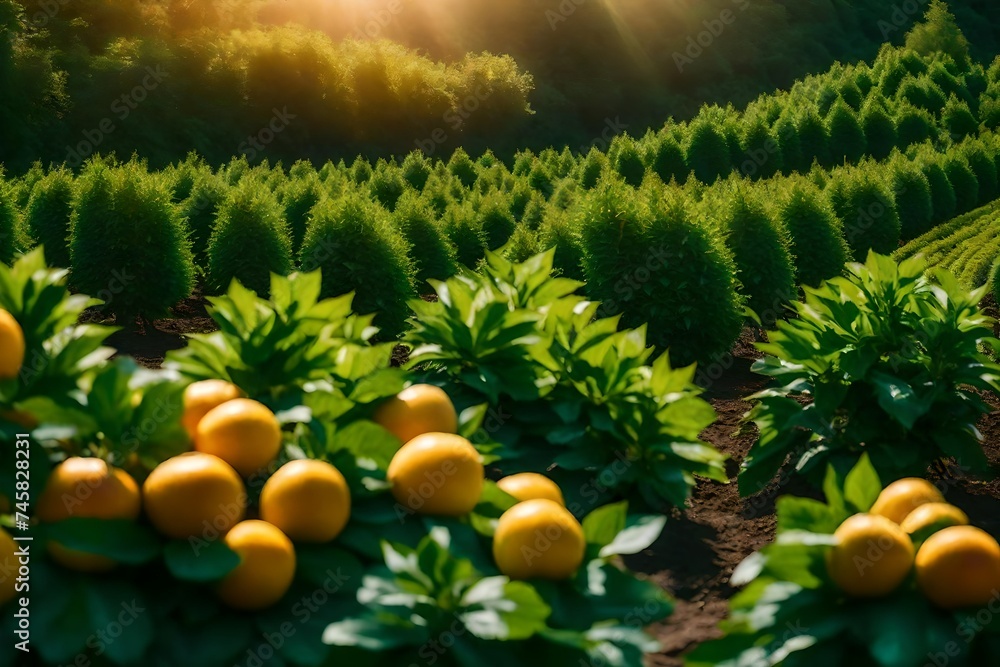 A picturesque orchard brimming with various fruit plants glowing under ideal lighting. Each plant is portrayed in super realistic detail, showcasing the natural growth and abundance 