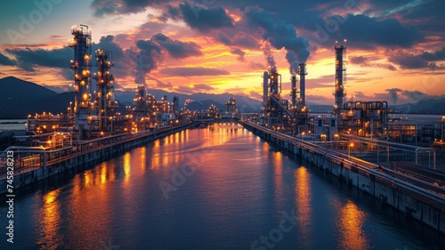 Twilight descends on the industrial port area - A vivid twilight sky highlights the industrial majesty of a port area, with its intricate structures and placid waterway at the heart of its operations photo
