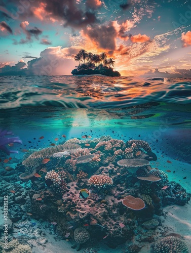 Tropical Island and coral reef. Split view with waterline