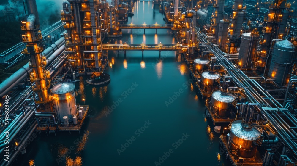 Industrial refinery complex at twilight - A futuristic industrial refinery complex with pipelines and storage tanks, reflecting on the water surface at twilight