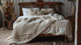 A cozy bedroom with a rustic bed frame, adorned with a warm, knitted blanket.