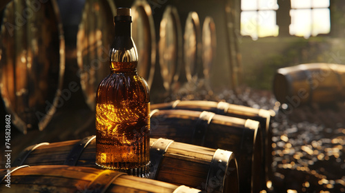 An artistic interpretation of a whiskey bottle nestled among barrels in a distillery, the transparent glass reflecting the warm hues of aged spirits as they mature in oak casks. photo