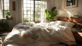 A cozy bed with a fluffy down comforter, inviting you to snuggle up and drift off to sleep.