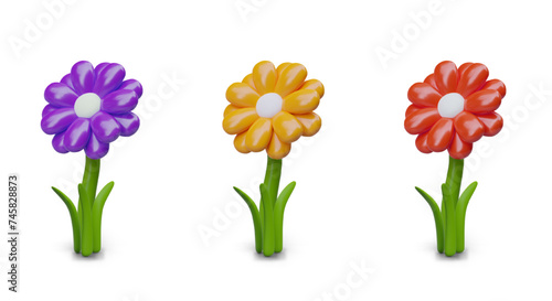 Set of vector flowers in plasticine style. 3D flora of different colors