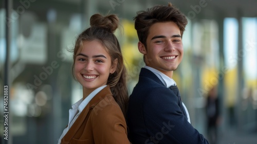 A young woman in brown trousers and a white shirt stands smiling back to back...