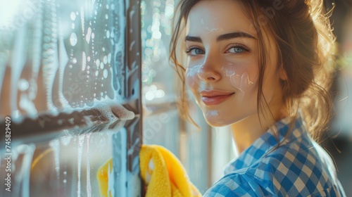 A young beautiful woman in a checkered blue shirt washes a window with a brig...
