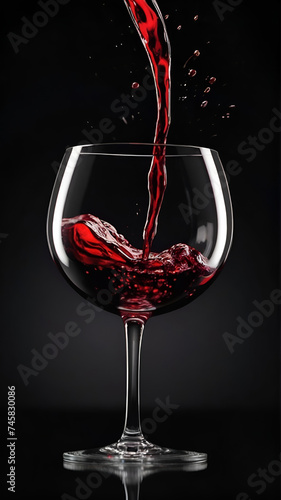 A glass of red wine is being poured against a black background. ai generative