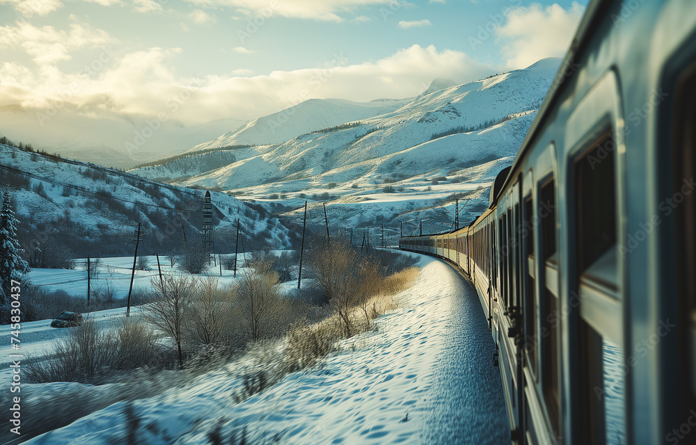 View from the train window, mountains, snowy forest, winter. railway, the concept of tourism and travel by land transport. View from the train window, mountains, snowy forest, winter. railway, the concept of tourism and travel by land transport.