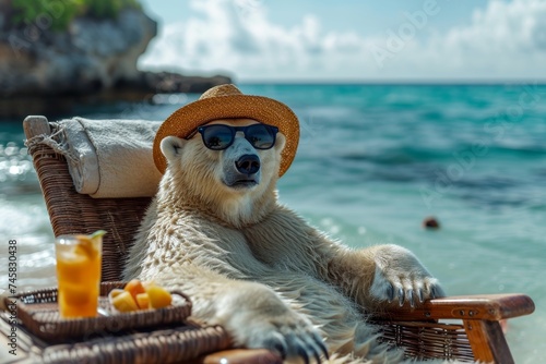 A polar bear in a hat and glasses is relaxing on the beach in a chaise longue drinking orange juice. 3d illustration photo