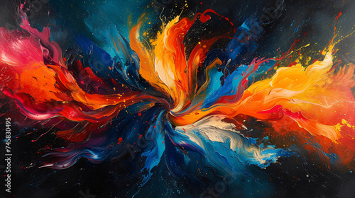 A colorful abstract painting with bold swirling colors.
