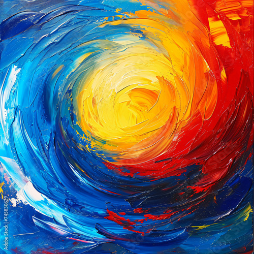 An abstract art piece with bold and vibrant colors swirling.