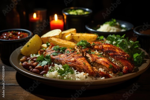 Typical Brazilian lunch rice and beans grilled chicken fillet and chips rustic hom, generative IA