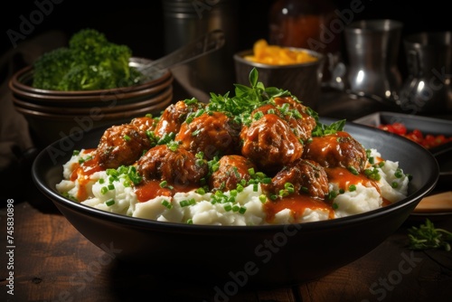 Meatballs in tomato sauce with mashed potatoes in the bowl., generative IA