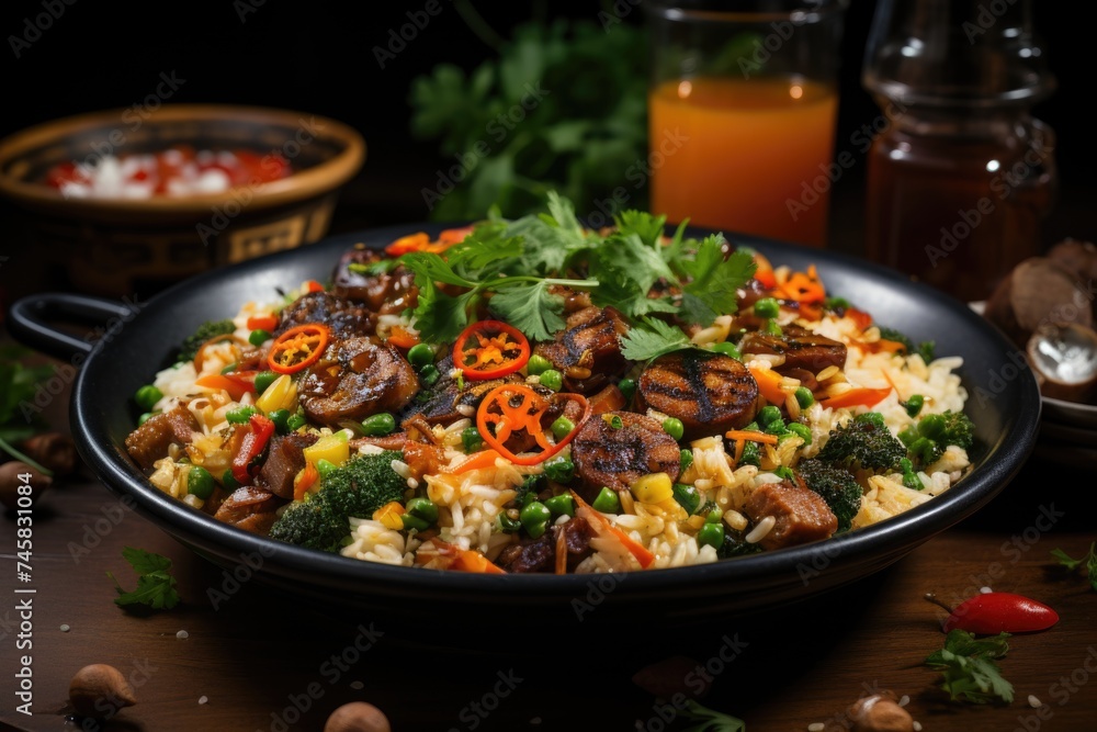 Fried rice with sausage with tomatoes, carrots and shiitake mushrooms on the plate, generative IA