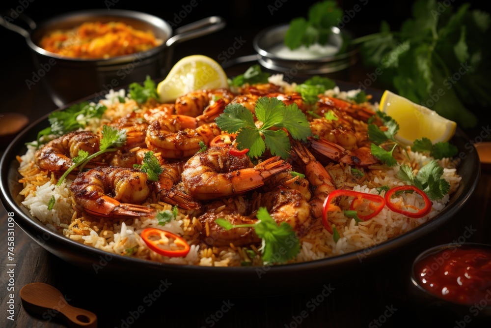 Fried American shrimp rice served with Thai food of pepper fish sauce., generative IA