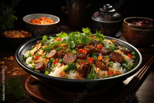 Fried rice with sausage with tomatoes, carrots and shiitake mushrooms on the plate, generative IA