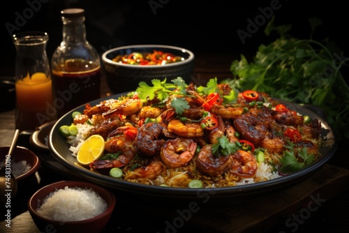 Fried American shrimp rice served with Thai food of pepper fish sauce., generative IA