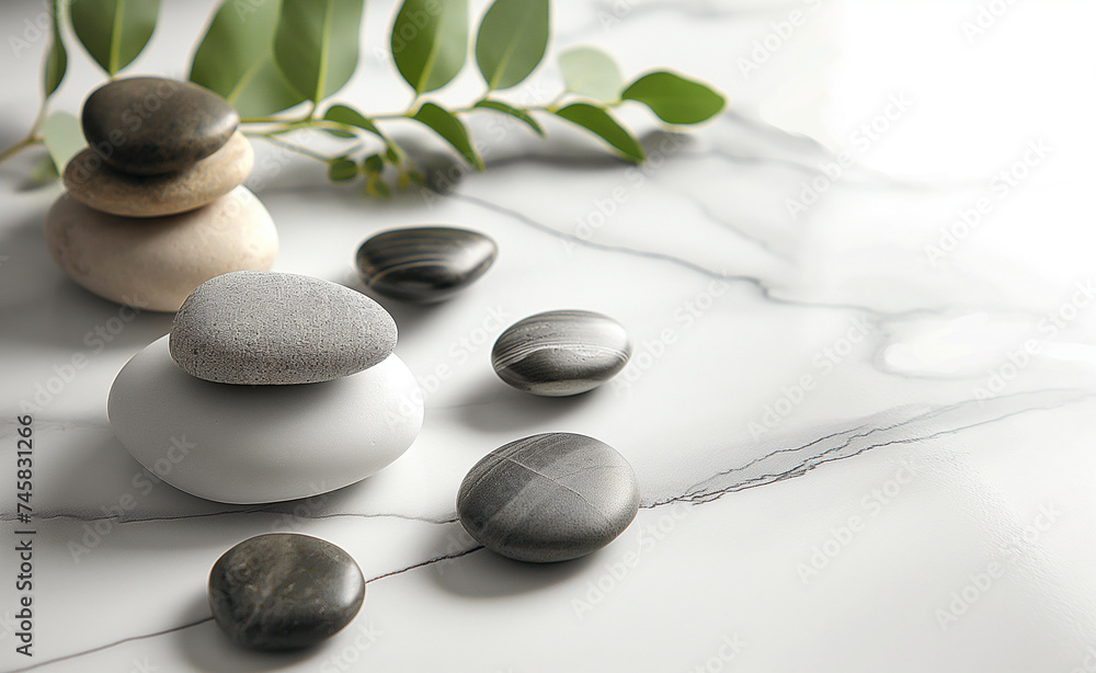 Tranquil Harmony: Spa Stones on White Marble Table Tranquil Harmony: Spa Stones on White Marble Table