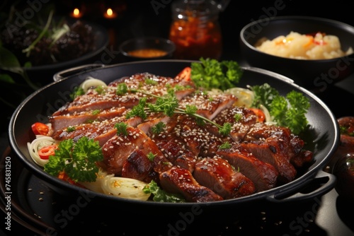 Sliced ??pork steak covered with white sesame and fresh pepper seeds together., generative IA