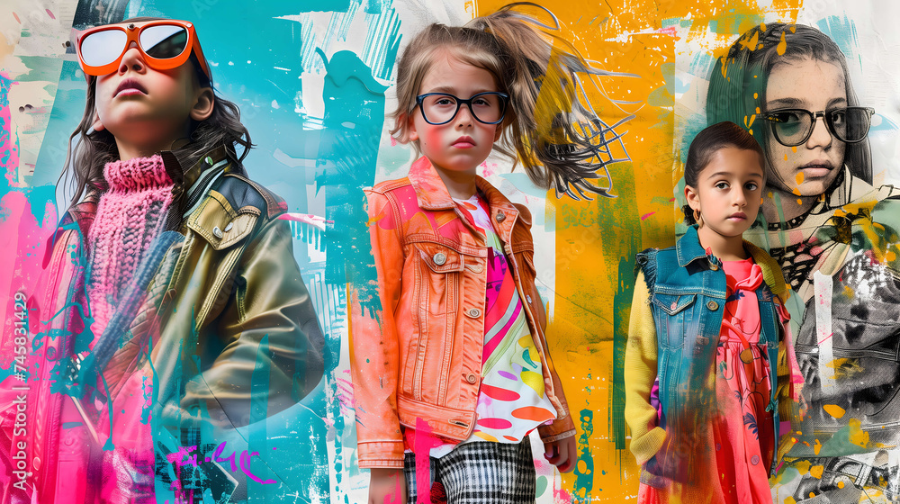 Photography children's models each representing a unique fashion aesthetic. Colorful and vibrant pattern background. Advertising poster concept
