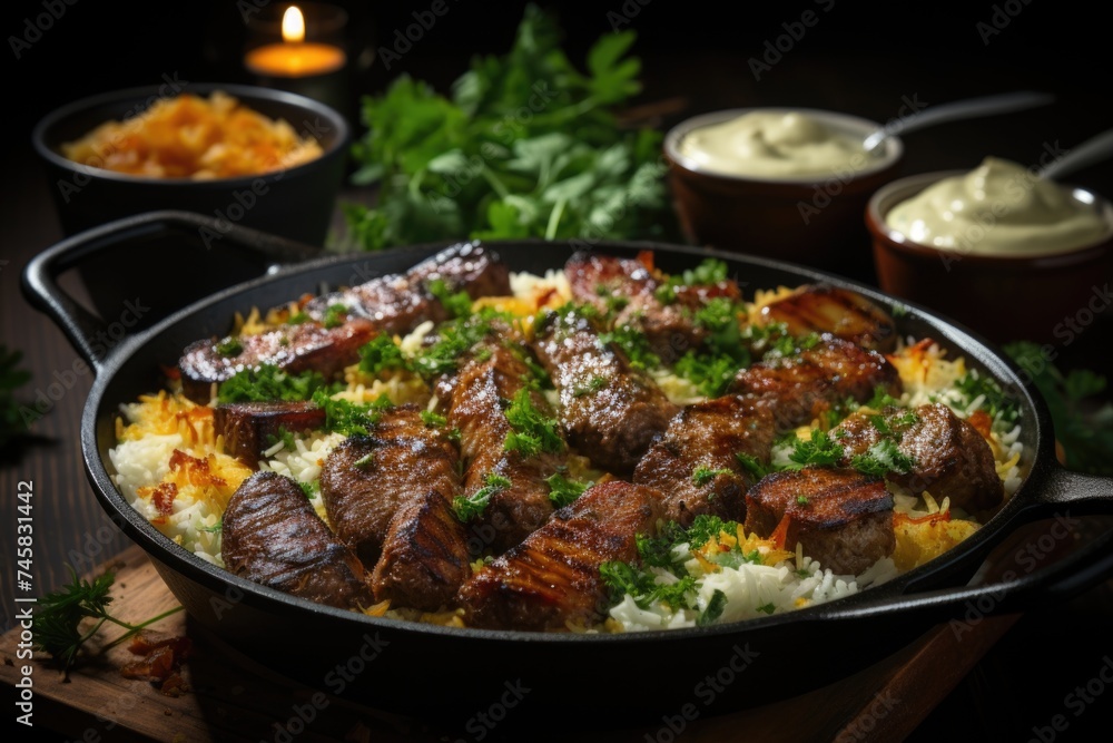 Brazilian Food Rice with Potatoes and Meat Delicious Food Image with Luxury Vibes, generative IA
