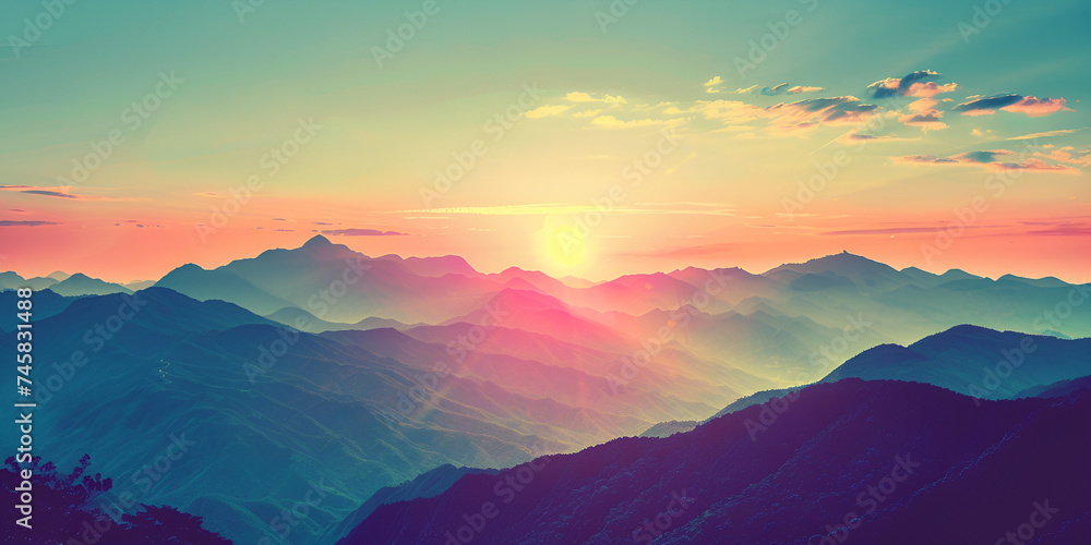 ountains with a sunset in the background, Majestic mountain range, tranquil meadow, sunset beauty , 
Beautiful seascape. Colorful sunrise over the sea