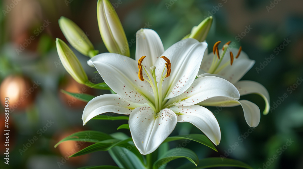 Two white lilies macro photography in summer day. Beauty garden lily with white petals close up garden photography. Lilium plant floral wallpaper on a green background. Pink lily. Orange lily. Spring 
