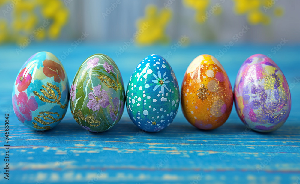 Vibrant Easter Delights: Colorful Eggs on Blue Wood Vibrant Easter Delights: Colorful Eggs on Blue Wood