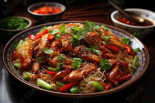 Chow mein chicken a popular oriental dish available in Chinese travel food. Chines, generative IA