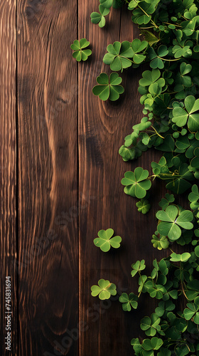 brown wooden planks board with clover - background for St. Patricks day