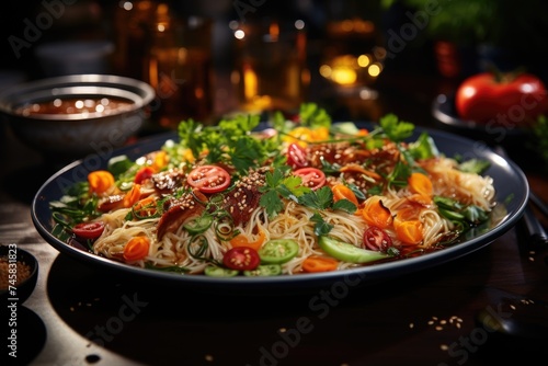 Closeup noodle shot with vegetables and ingredients on a white table, generative IA