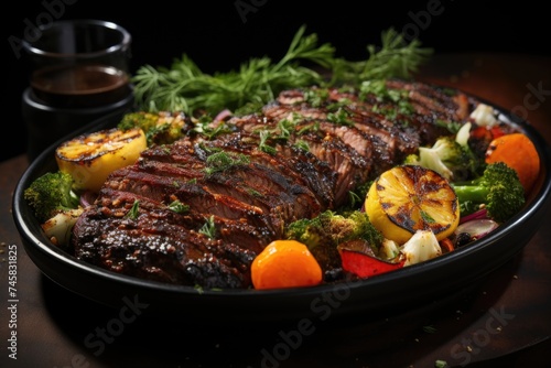 Closeup Shot of a delicious and healthy meal with grilled meat and vegetables on a, generative IA
