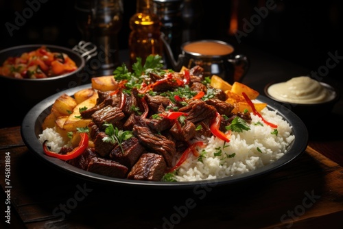 Peruvian Food Lomo Saltado A salted meat with tomatoes, onions, chips and rice., generative IA