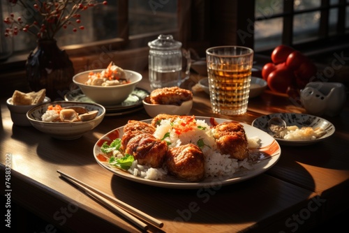 Dining set with fried chicken meat sushi soup with potatoes and cake, generative IA