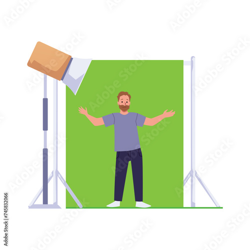 Film set with character on green background, isolated illustration.