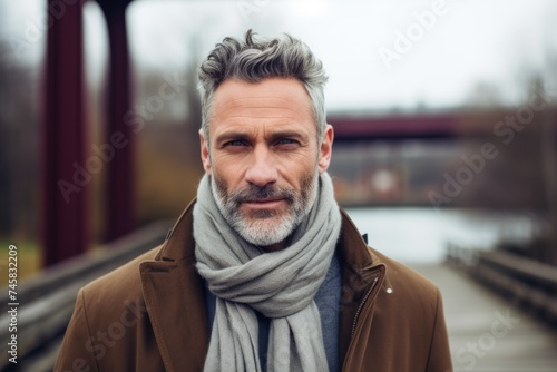 Portrait of a handsome mature man with gray beard wearing a brown coat and gray scarf.