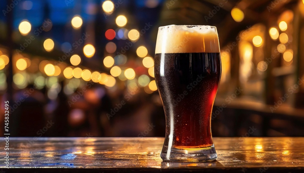 Glass of dark beer at night in pub on wooden table. Alcoholic drink - obrazy, fototapety, plakaty 
