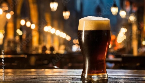 Glass of dark beer at night in pub on wooden table. Alcoholic drink