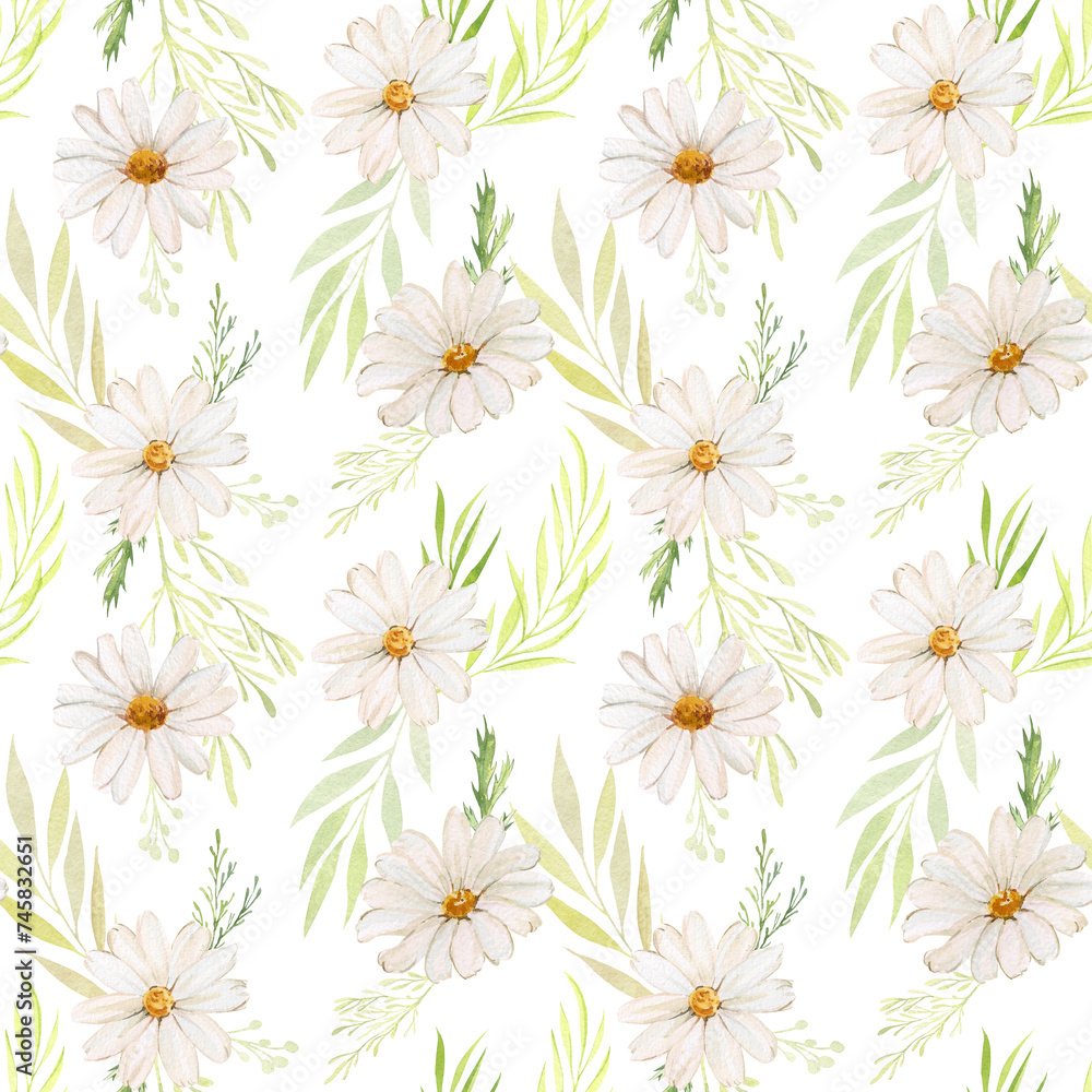 Watercolor seamless pattern with chamomile flowers and greenery. Botanical print with chamomile buds and herbs, twigs and leaves. Design for wrapping paper, wallpaper, background, textile.