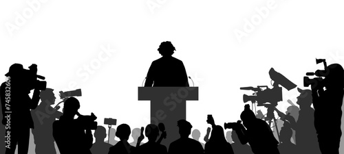 Election. Candidate with election program and reporters, cameramen. Silhouette of people. Vector illustration