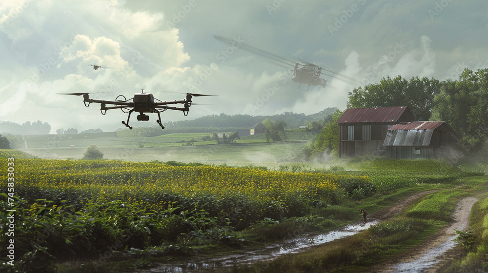 Future drone flying with farm background. generative AI.