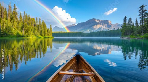 A tranquil lake reflecting a perfect rainbow surrounds. © Anthony