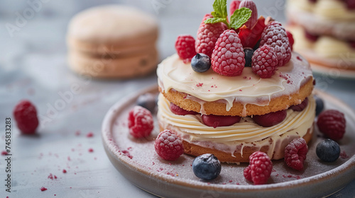 homemade cake with fresh raspberries and berries.